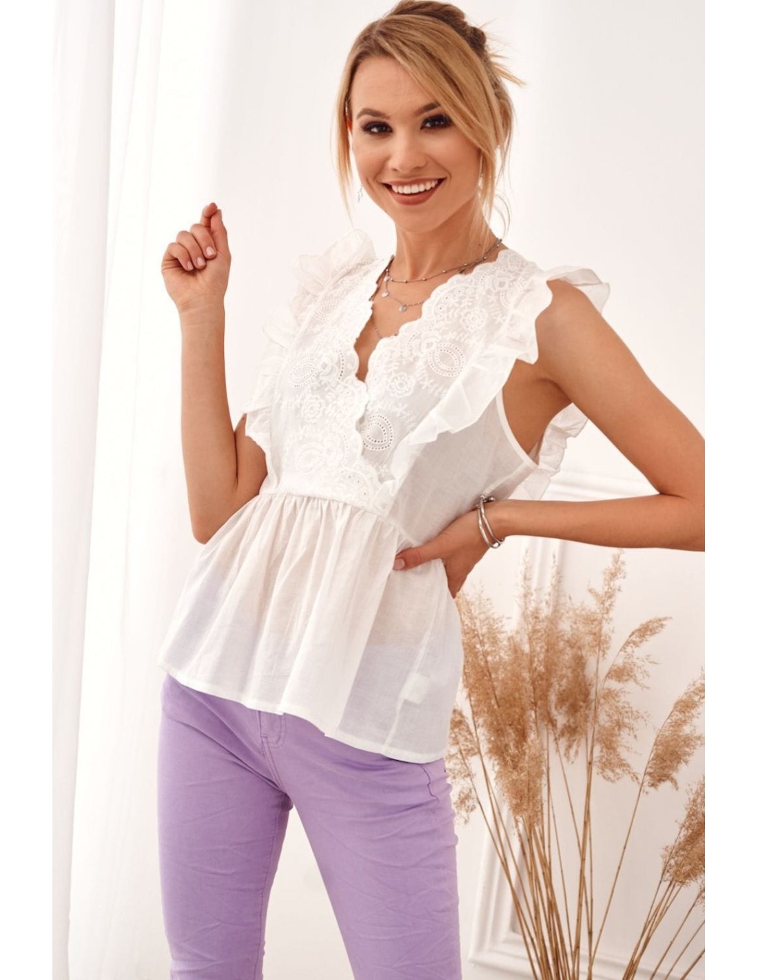 Damen-Sommerbluse mit bestickter Vorderseite, Creme 87222 – Online-Shop – Boutique